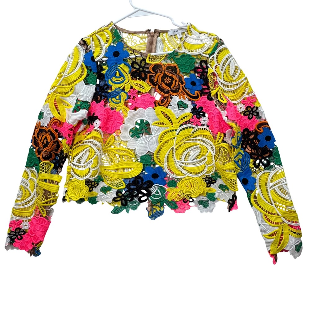 Milly Floral Guipure Lace Crop Top Womens Size M Multicolor Long Sleeve Zip Back